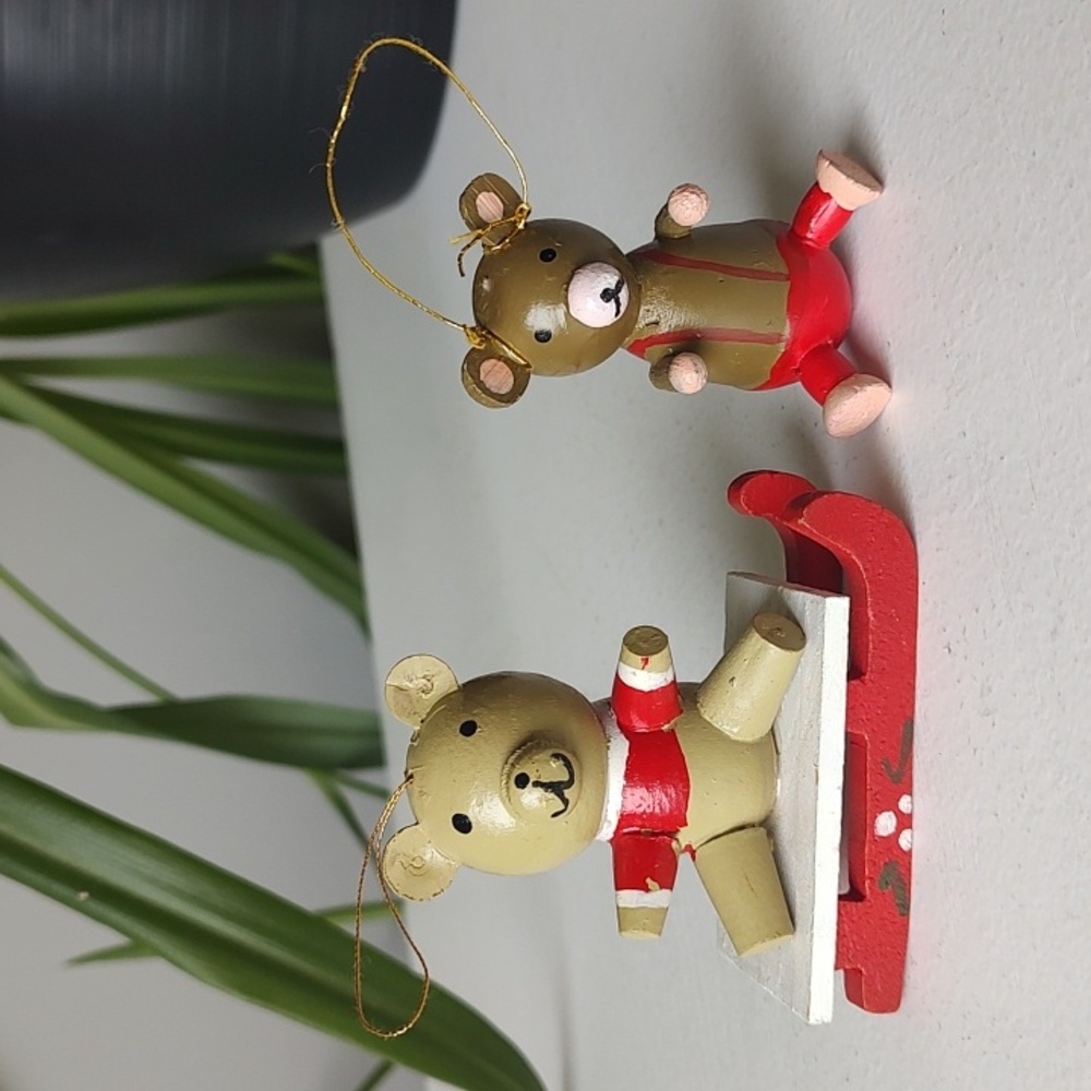 Bundle Of Two‎ Vintage Wooden Bear Christmas Ornaments